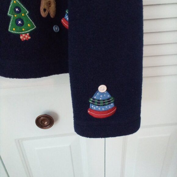 VTG C&B SPORT XL FLEECE BUTTON-UP NAVY CHRISTMAS TREES STARS GINGERBREAD TEACHER - Picture 6 of 9